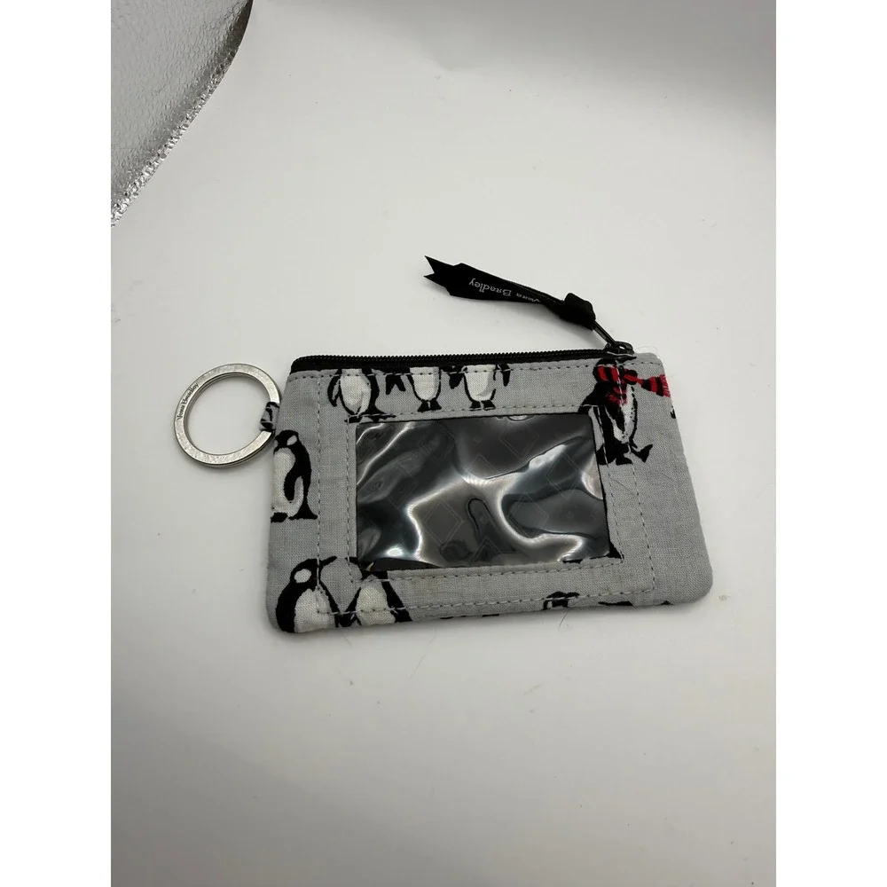 Vera Bradley ID Case Wallet Women OS Gray Penguin Print Zip Coin Purse Key Ring